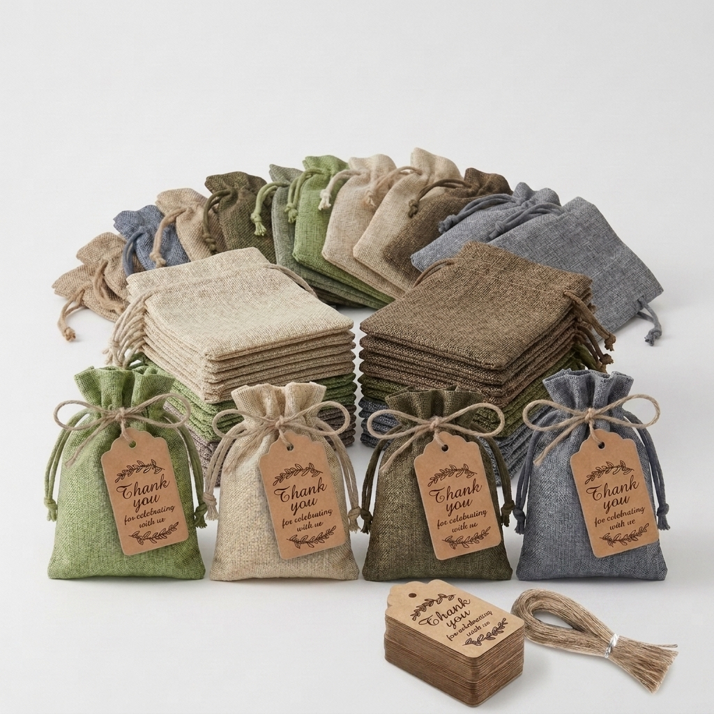 TEMU 35 bolsas de arpillera con cordón de diferentes colores, etiquetas de agradecimiento de papel y hilo de natural, juego de bolsas duraderas para