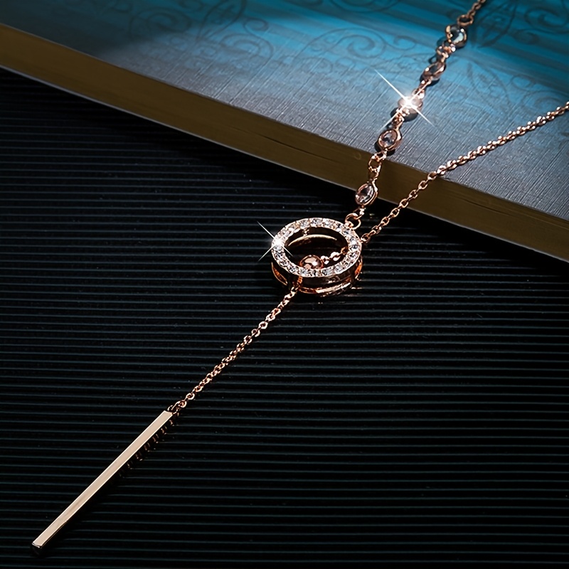 TEMU An Elegant Rose Golden And Silvery-white Necklace Featuring Synthetic Synthetic Zirconia, With An 80cm Long Round Pendant And Bar Design. A