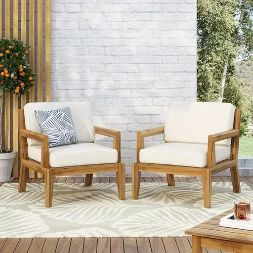 set of 2 outdoor acacia wood patio club chair patio furniture waterproof thick cushion deep seating for porch garden backyard balcony teak beige cushion
