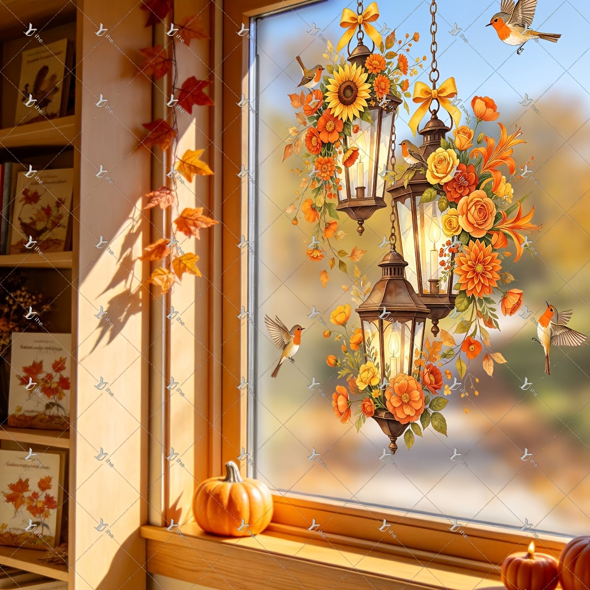 TEMU 2d Flat, 2d Autumn Retro Lantern Sunflower Bird Floral Static Cling Window Decals, Reusable No Adhesive Static Window Stickers For Window Home