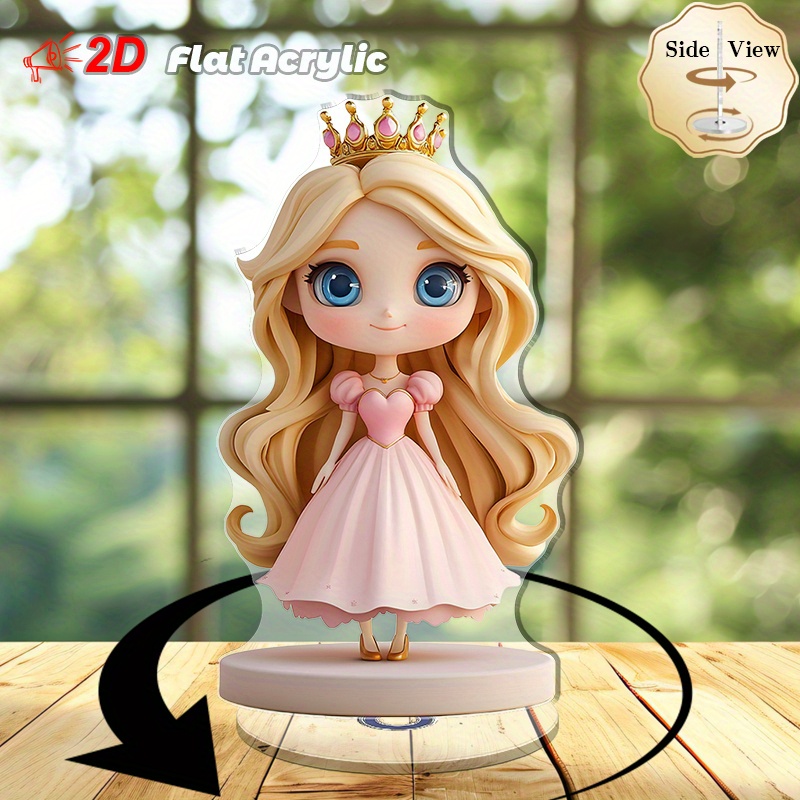 TEMU 2d Flat, 2d Plane - 1pc Of 2d Printed Rotating Acrylic Ornament, Featuring A Kawaii-style Princess With Flowing Hair In A Fairytale Setting,