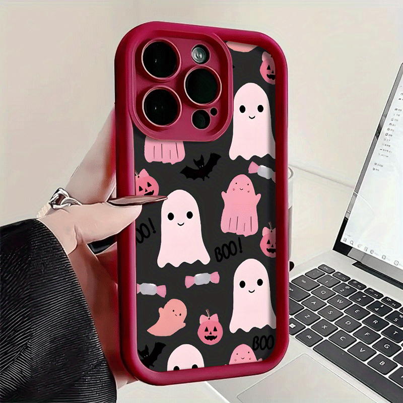 Burgundy Black and White Pink ghost TPU Shockproof Full Cover Precision Protective Case for Apple iPhone16promax, 16 15pro 14PLUS 13 12Pro 12mini 13 mini 11 Pro Max X XSMAX Pattern Printed Phone Case, Easter Gift, Christmas Halloween Decoration/Gift for Girlfriend, Boyfriend, Friends or
