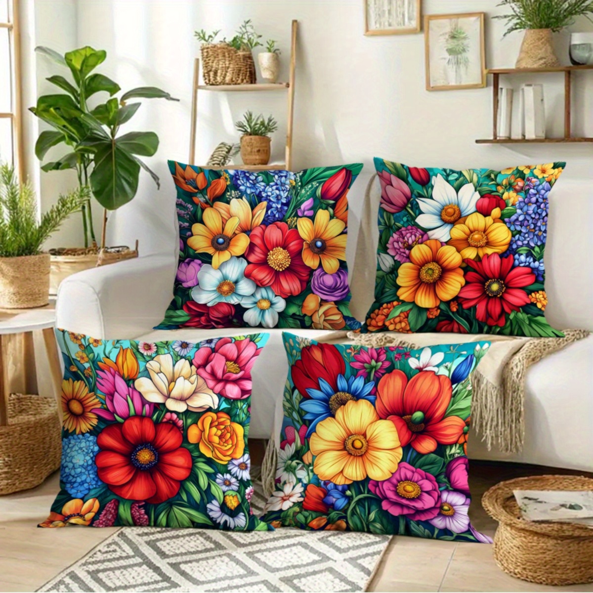 4pcs Set Vibrant Floral Print Outdoor Patio Sofa Cushions - Zippered Design, Machine Washable, Suitable for Summer Leisure and Seaside Decor, Outdoor Sofa Accessories | Vibrant Sofa Accents | Durable Outdoor Fabric