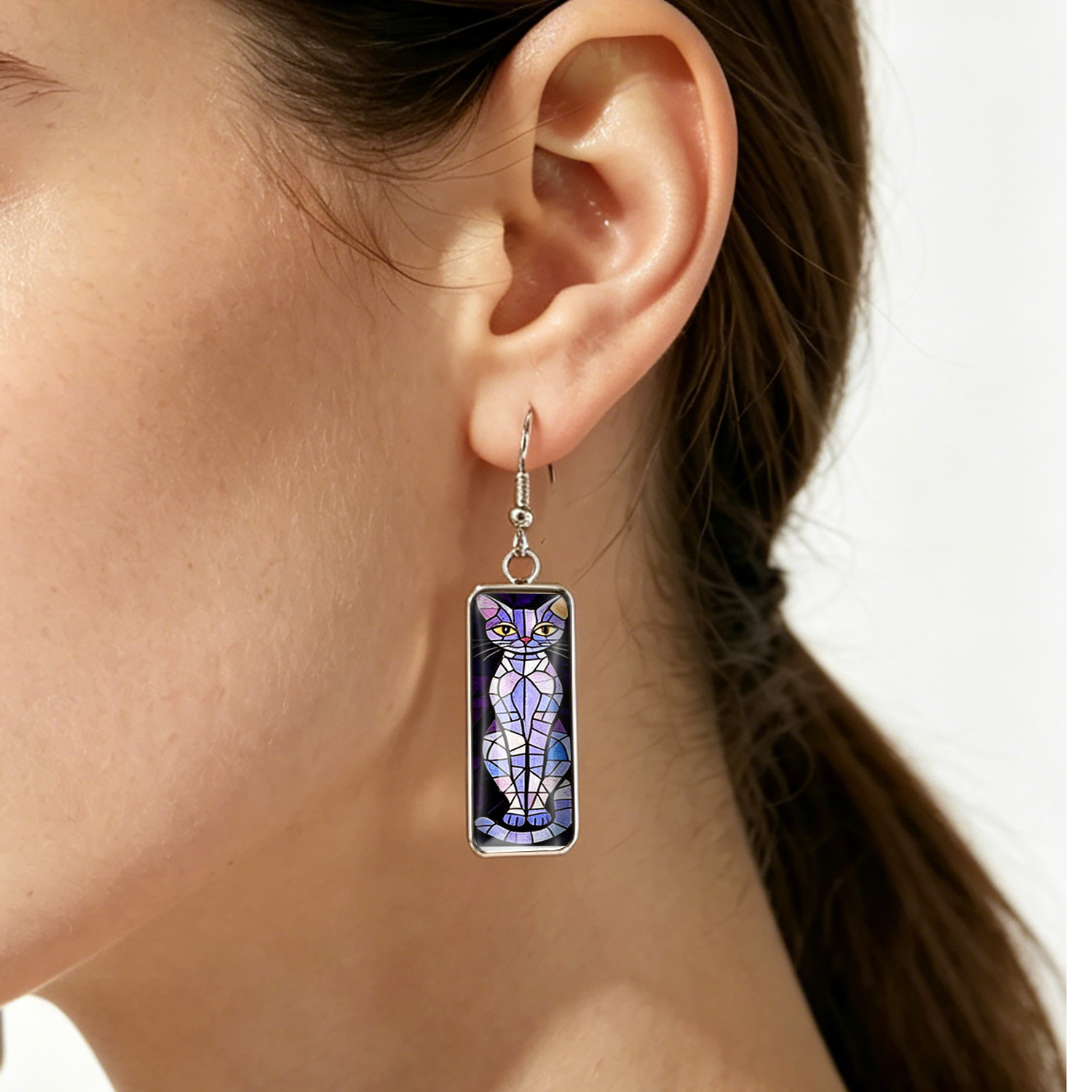 Retro Cat Stained Glass Rectangular Time Gem Earrings