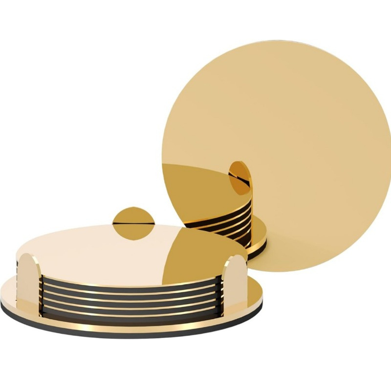Image of 6pcs Polished Golden Stainless Steel Coasters With Stand - 8.51cm Round , Elegant Ridged Design For Christmas Party, Wedding Drinks, Coffee Table Decor
