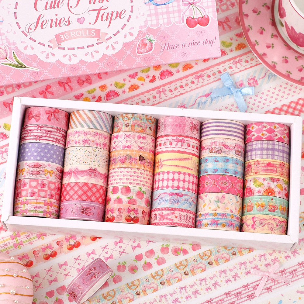 set 36 rolls pink washi tape featuring adorable