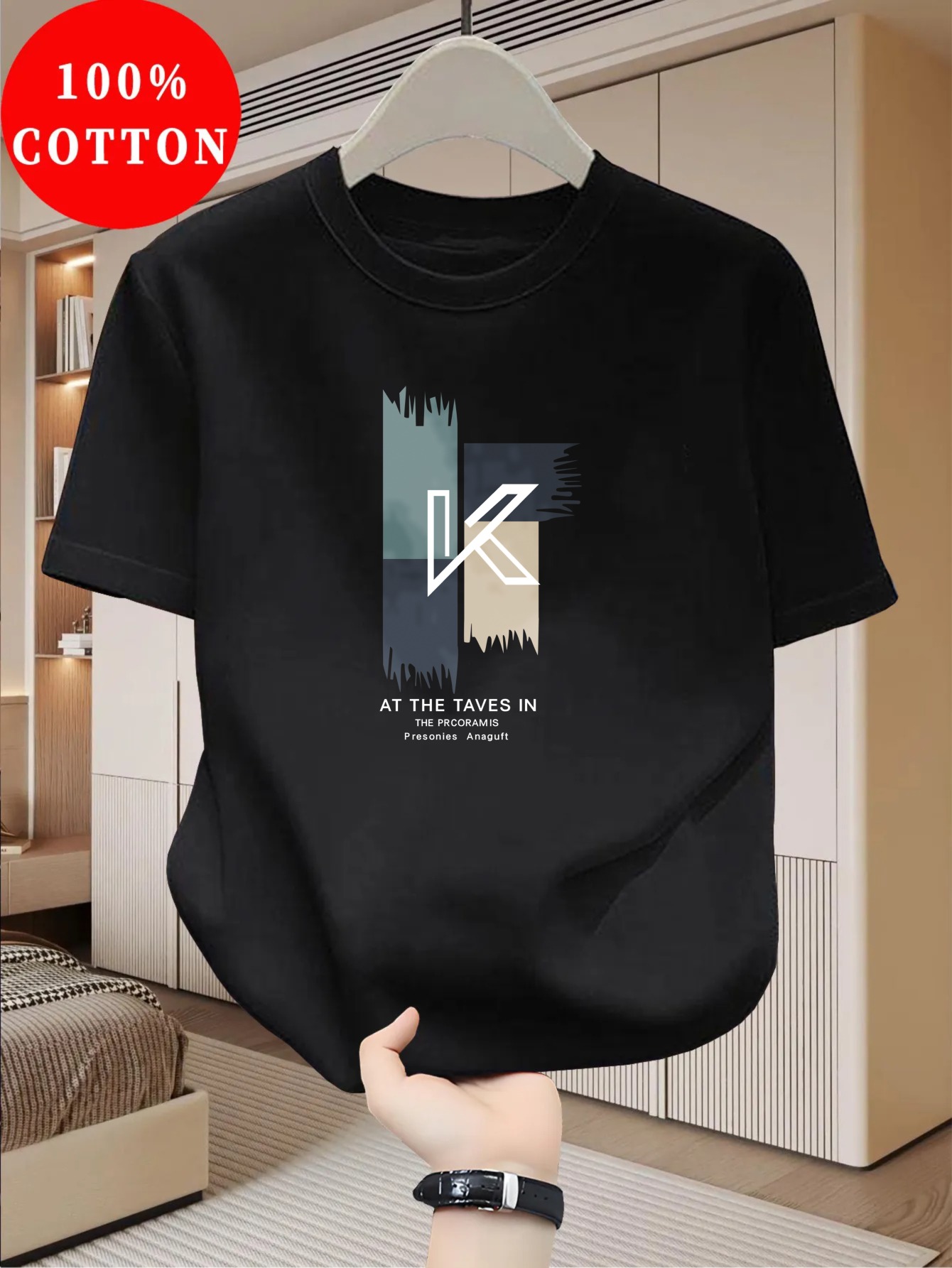 Tricou bărbătesc 100% bumbac cu guler rotund casual, un top esențial de vară, respirabil și fabricat din