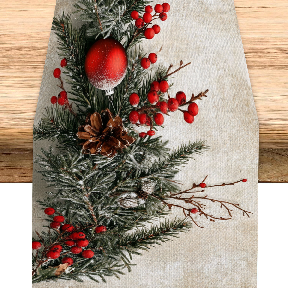 

Open The Table Flag With Pine And Red Berries, A And Table Flag, Suitable For Decorating Dining Tables, Guest Tables, And Coffee Tables