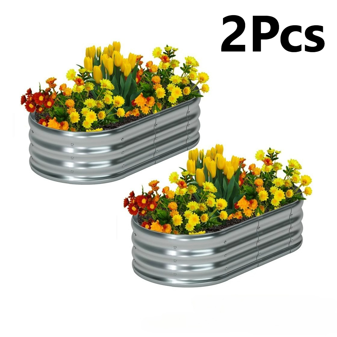 TEMU Lot de 2 jardinières surélevées galvanisées, design argenté, ovale de grande capacité, structure robuste et durable, idéales pour des légumes et
