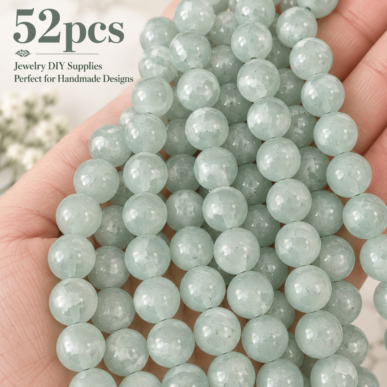 TEMU 52pcs Perles Rondes Vert Turquoise Craquelé avec Trous 8Mm Perles Décoratives, Matériaux de Main, Fournitures Décoratives, Convient pour