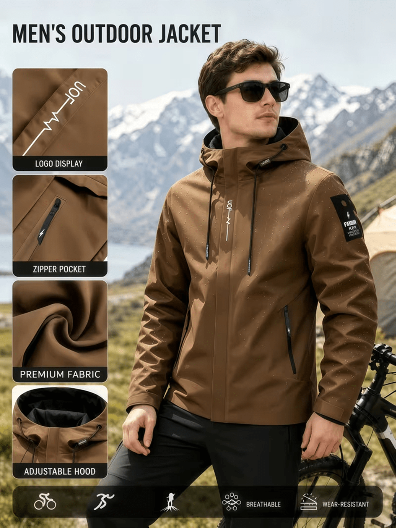 Men's Plain Print Full-Zip Hooded Jacket for Outdoor Activities
