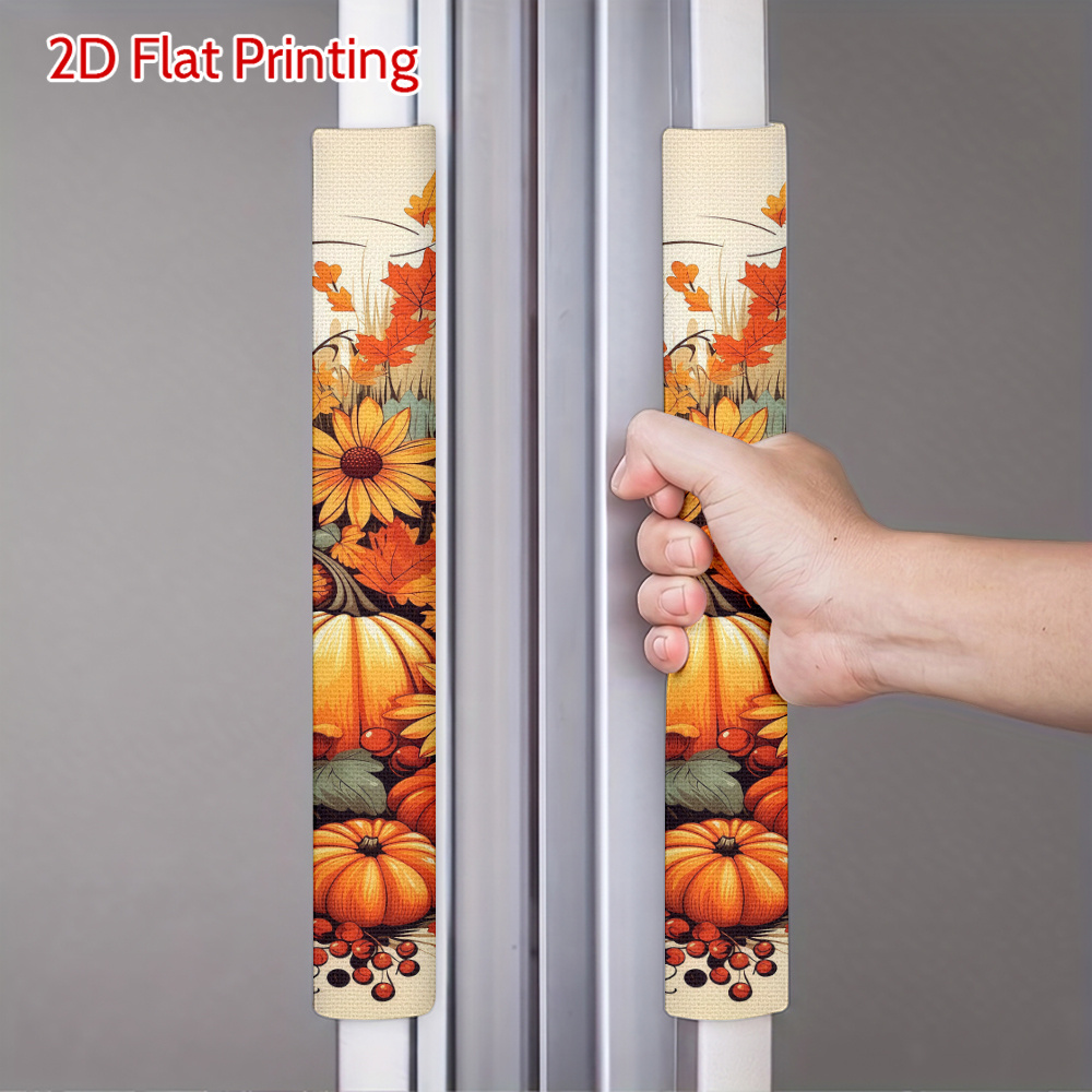 TEMU 2pcs 2d Flat Autumn Leaf & Pumpkin Print Refrigerator Door Handle Covers Suitable For Standard Fridge, Dishwasher, Microwave, Oven Covers - Soft