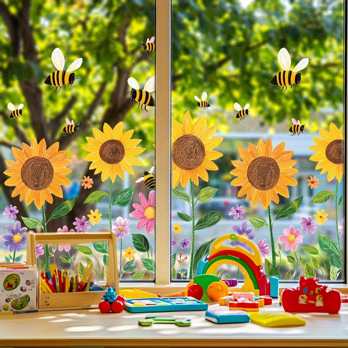 1pc Of Double-sided Window Decal Featuring A Bee And Sunflower, Suitable For Use On Mirrors, Glass Displays, And Office Windows