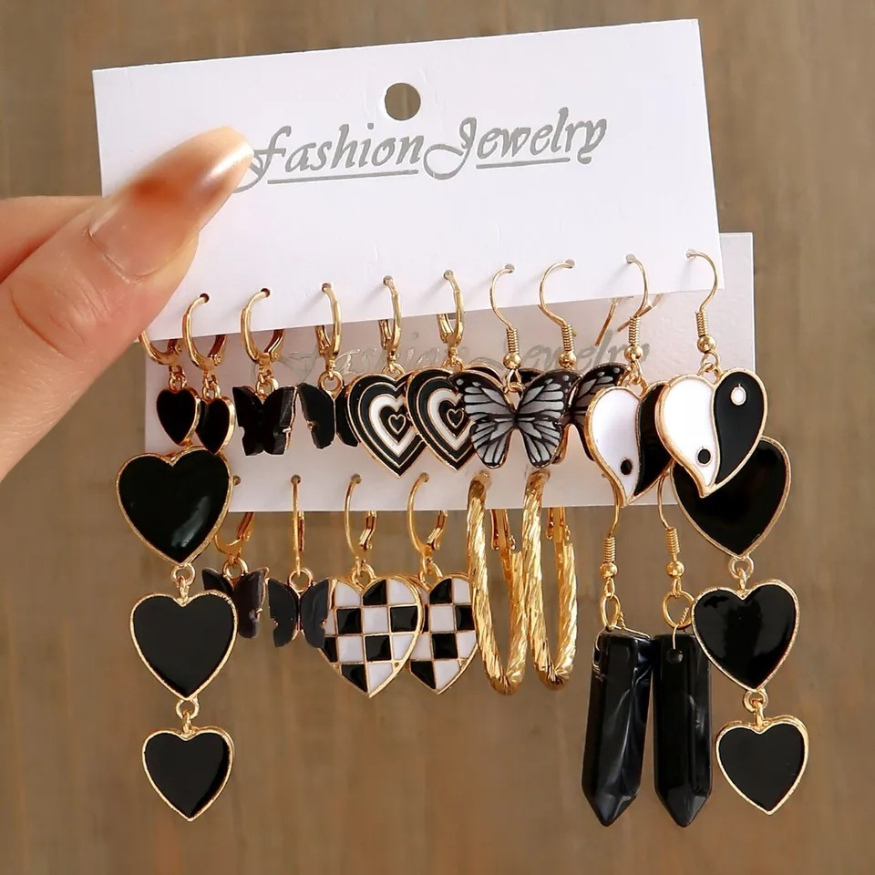 TEMU 20pcs Elegant Vintage & Chic Black & White Checkered Heart Pendant Earrings 10-pairs Vintage Hoop Earrings Women Party Birthday Gift Anniversary
