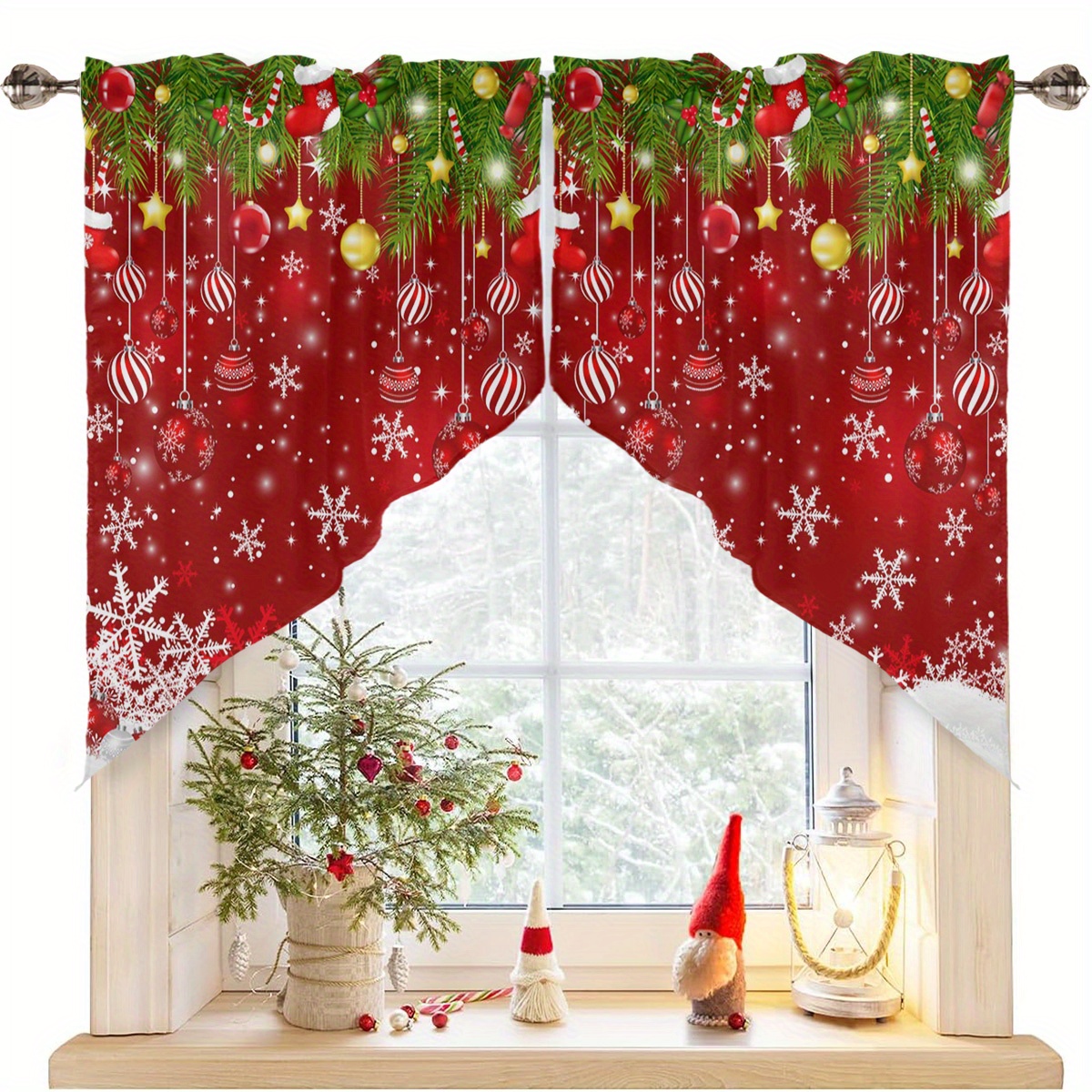 TEMU 1 Set a per Cucina, Tende con Natalizi per Albero di , Trattamenti per Finestre Semi-Oscure con Design ad con Bastone, Adatte per la Decorazione