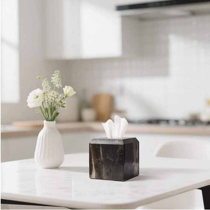italy natural marble tissue box cover - heavy-duty square marble toilet paper holder with black & white veining, minimalist   for bathroom, living room, bedroom, kitchen, office - durable   decor, easy- , decorative storage organizer (compatible with standard tissues) - heavy-duty round facial holder for minimalist home decor, natural marble texture, sophisticated black & white veining, versatile for any room, stylish and functional accessory, tissue Product details 4