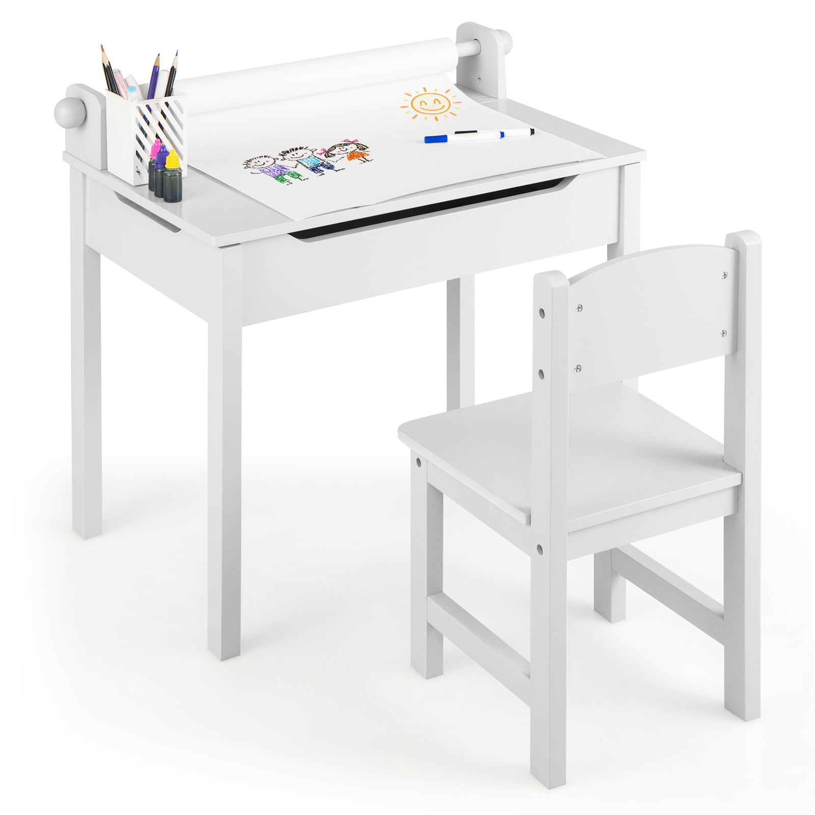 Image of Toddler Activity Table With Chair - Kids Art & Crafts Table With Paper Roll Holder & Marker Storage Shelf, Self-contained Storage Suitable For Room,,, Assembly, Mdf With Free Paper Rolls & Markers
