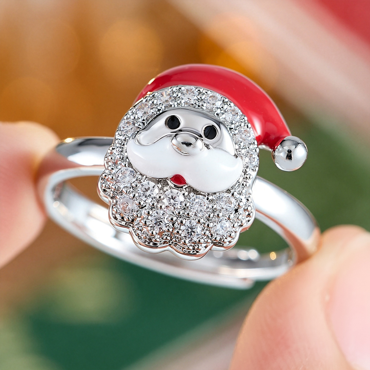 Copper Santa Claus Design Open Ring with Zirconia, Festive Jewelry