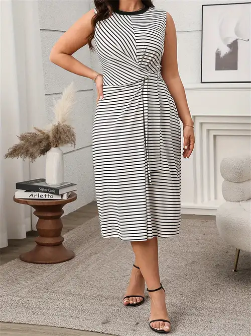 women's sleeveless striped midi tank dress - casual round neck with tie waist, beige & black vertical stripes, lightweight polyester, machine washable, summer, relaxed fit dress | round neck dress | polyester women's sleeveless striped midi tank dress - casual round neck with tie waist, beige & black vertical stripes, lightweight polyester, machine washable, summer, relaxed fit dress | round neck dress | polyester