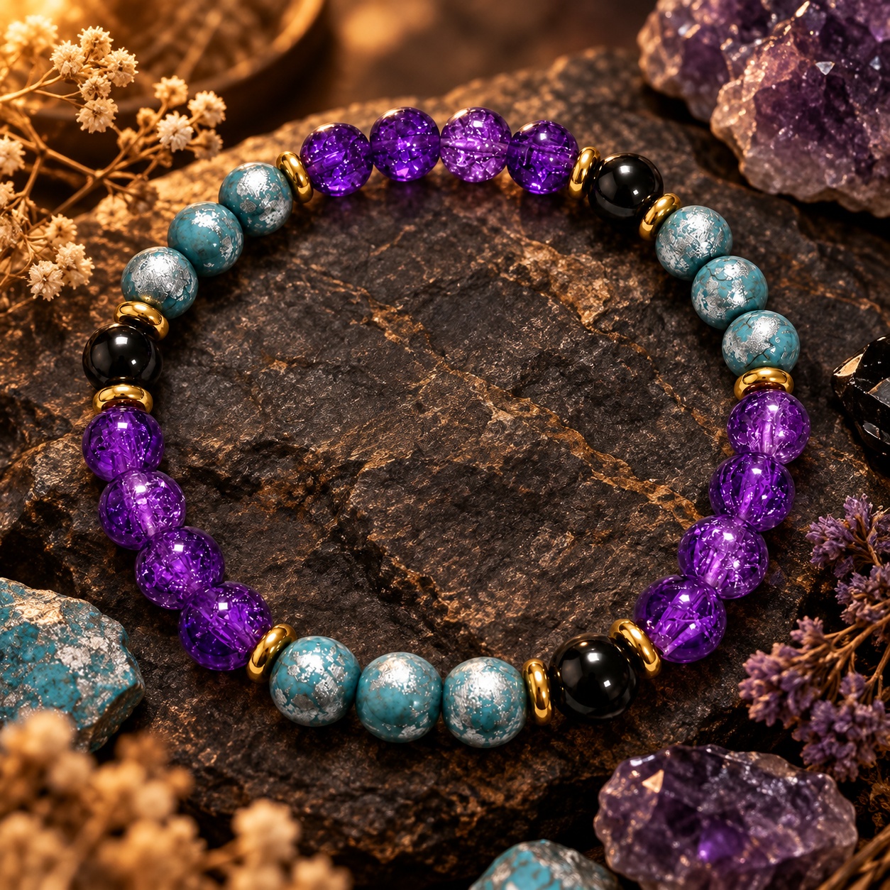 Wealth-Attracting Purple Burst Flower & Flower Quartz Bead Bracelet