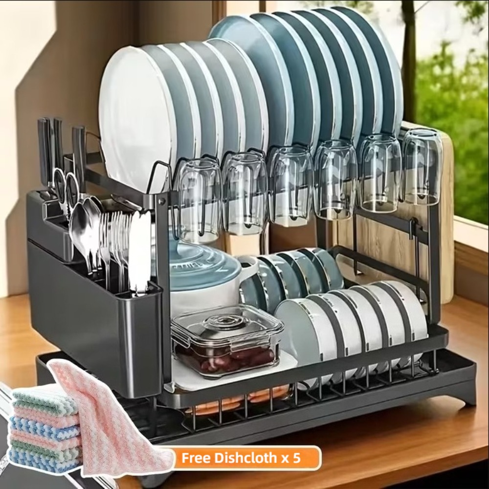 TEMU Double-tier Stainless Steel Dish Rack With Drip Tray, Adjustable Kitchen Countertop Rack Featuring Cutlery And Cup Holders - With Rotating