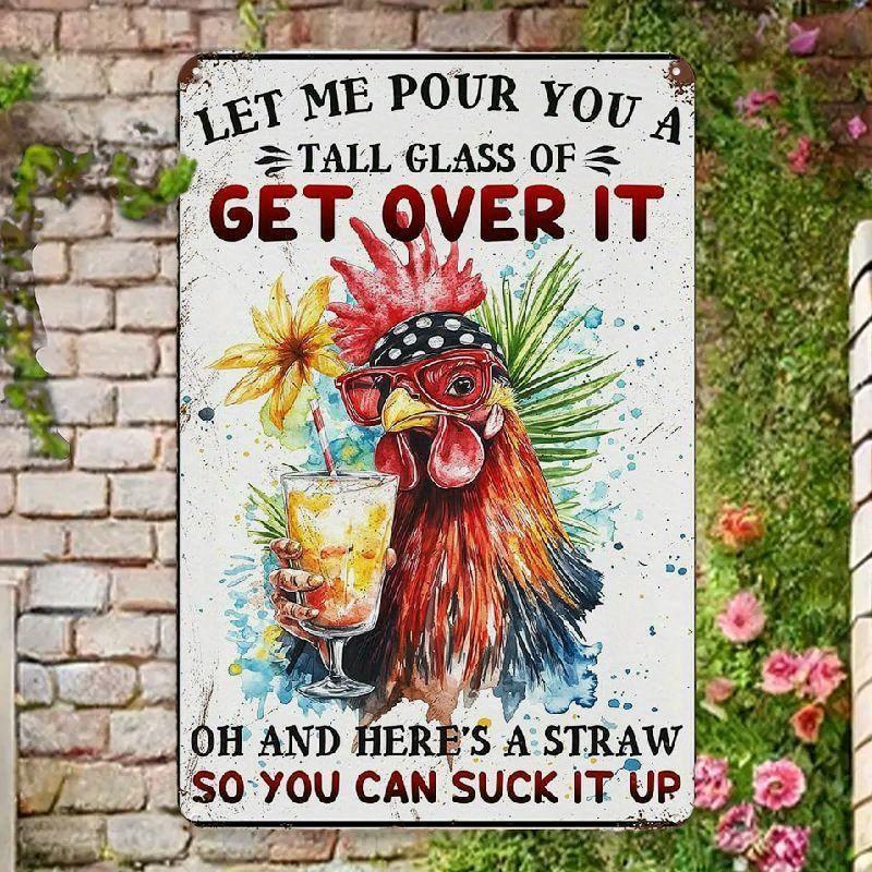 2D Flat, [2D Flat] 1pc Vintage Get Over It Chicken Logo Wall Decor - Wood Plaque Suitable for Home, Kitchen, Garden, Farmhouse, Cafe - Rustic Chicken Sign for /Outdoor Use, No Power Needed, Perfect Gift for Chicken Lovers (Artificial Wood), 2D Flat