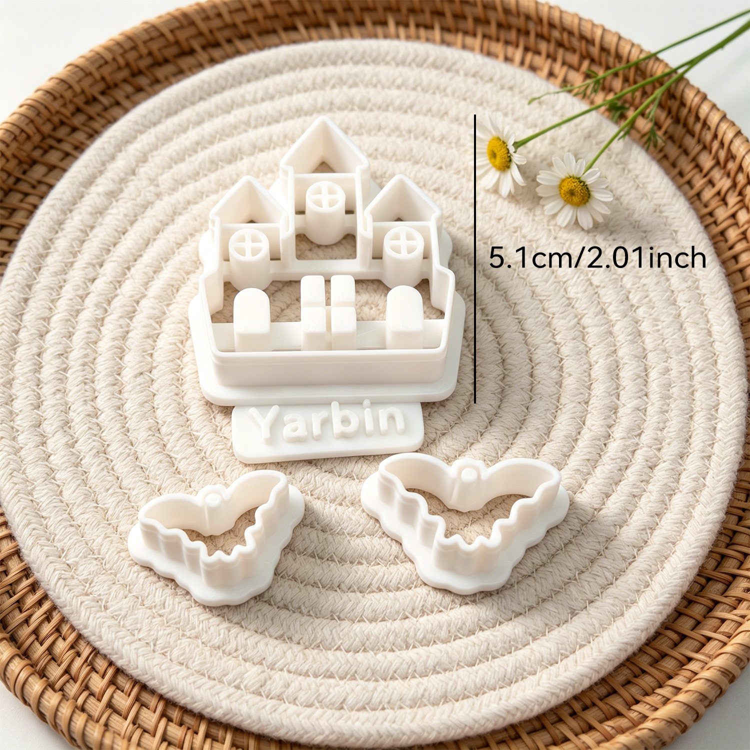TEMU 4pcs Halloween Theme Polymer Clay Cutters, Spooky Haunted House Bat Clay Molds, Flower Shape Spring Valentine's Day Stamping Cutting Tools,