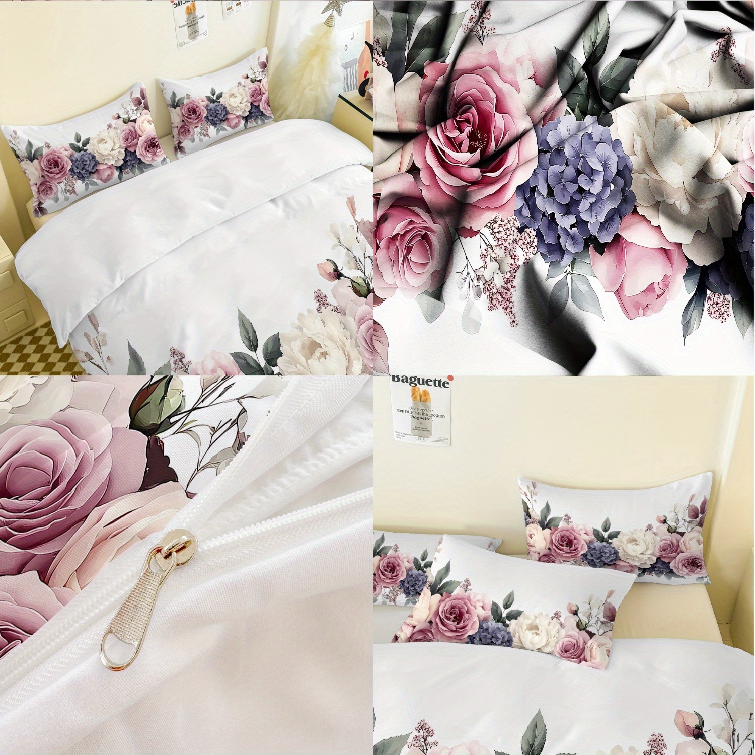 3 teiliges blumen bettwäsche set in weiß rosa violetten