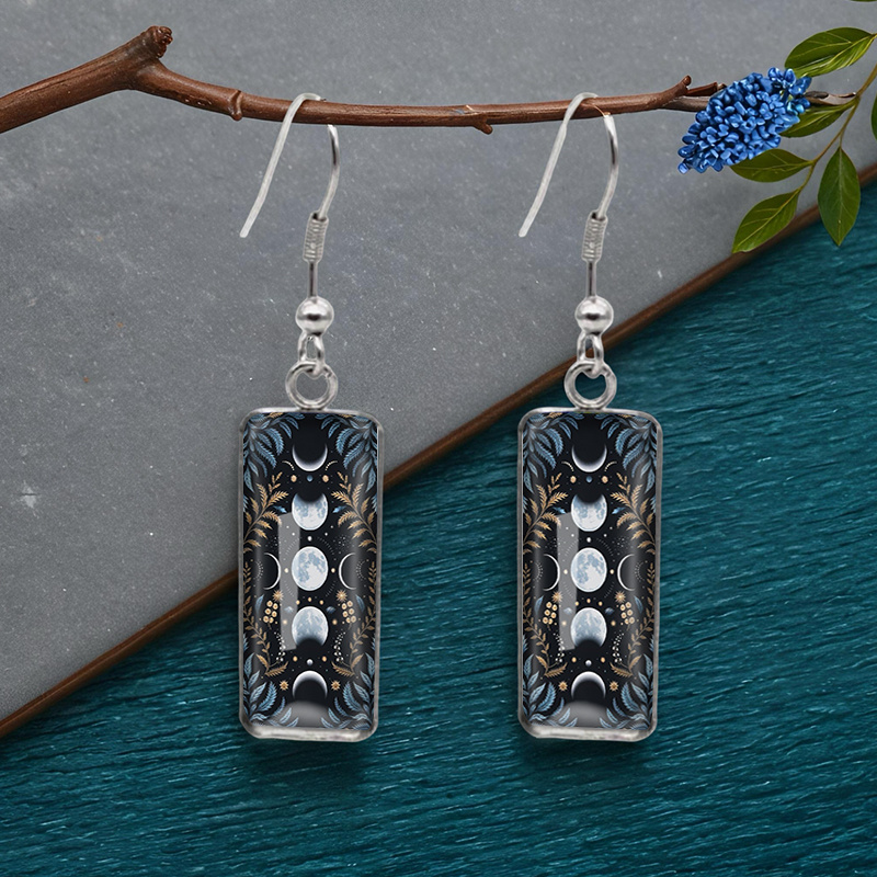 TEMU 1 Pair Blue Flowers Rectangular Earring Fashion Dangle Earrings Handmade Glass Dome Jewelry