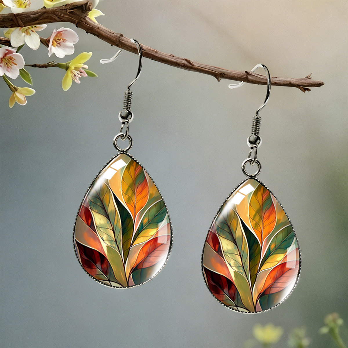 TEMU 1 Pair Colorful Autumn Leaf Artistic Texture Pattern Water Drop Earrings Unisex Ear Jewelry, Without Battery