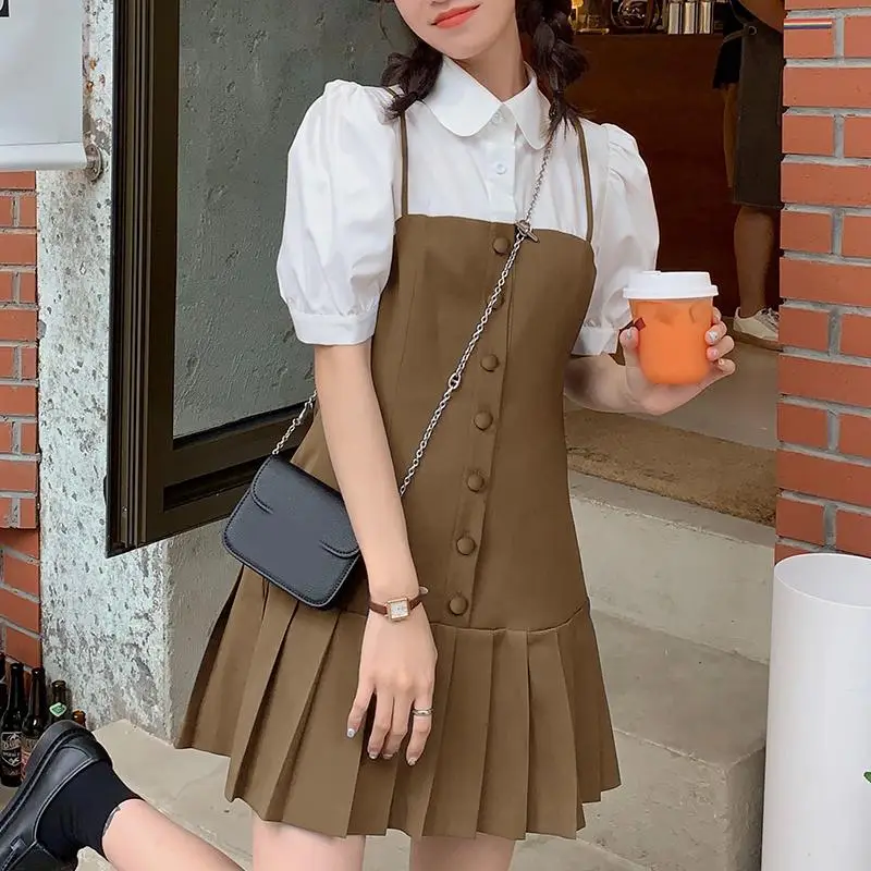 brown korean dress Korean style preppy corduroy slim waist dress fashion bow brown long skirt