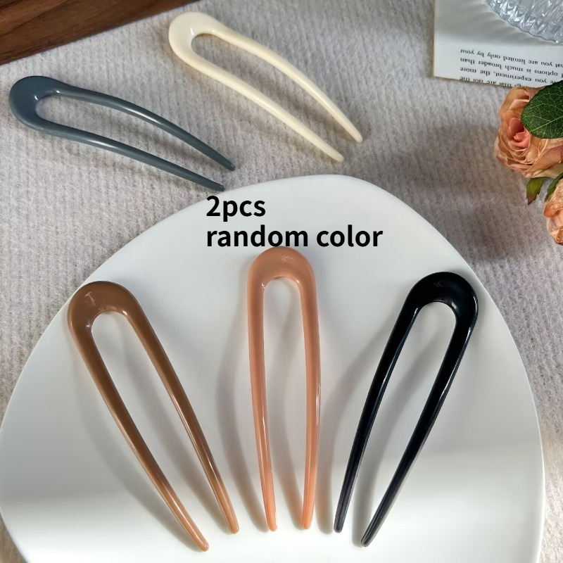 TEMU Random 2pcs Retro Easy Acrylic U-shaped Hairpins, Gentle Temperament Bun Maker, Anti-slip And Hair-friendly Women's Hair Stick, Daily All-match