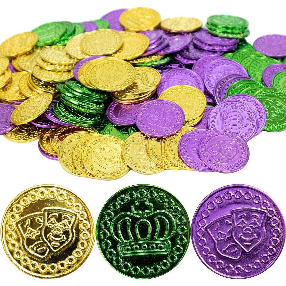 

100pcs Mardi Gras Celebration Coins - Assorted Golden, Green & Purple Plastic Tokens For & Party Decorations