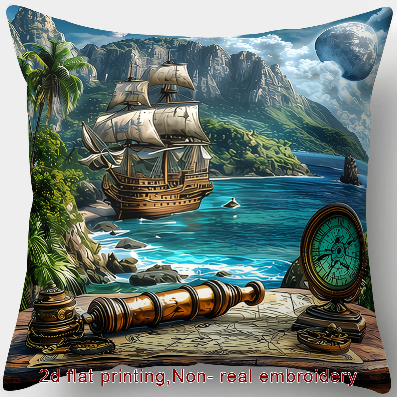 TEMU 2d Flat - 1pc, 2d Flat Printing, Zipper Throw Pillow Cover, Adventure-themed Pillowcase With Sailing Boat, Telescope, Map, Compass, Island,