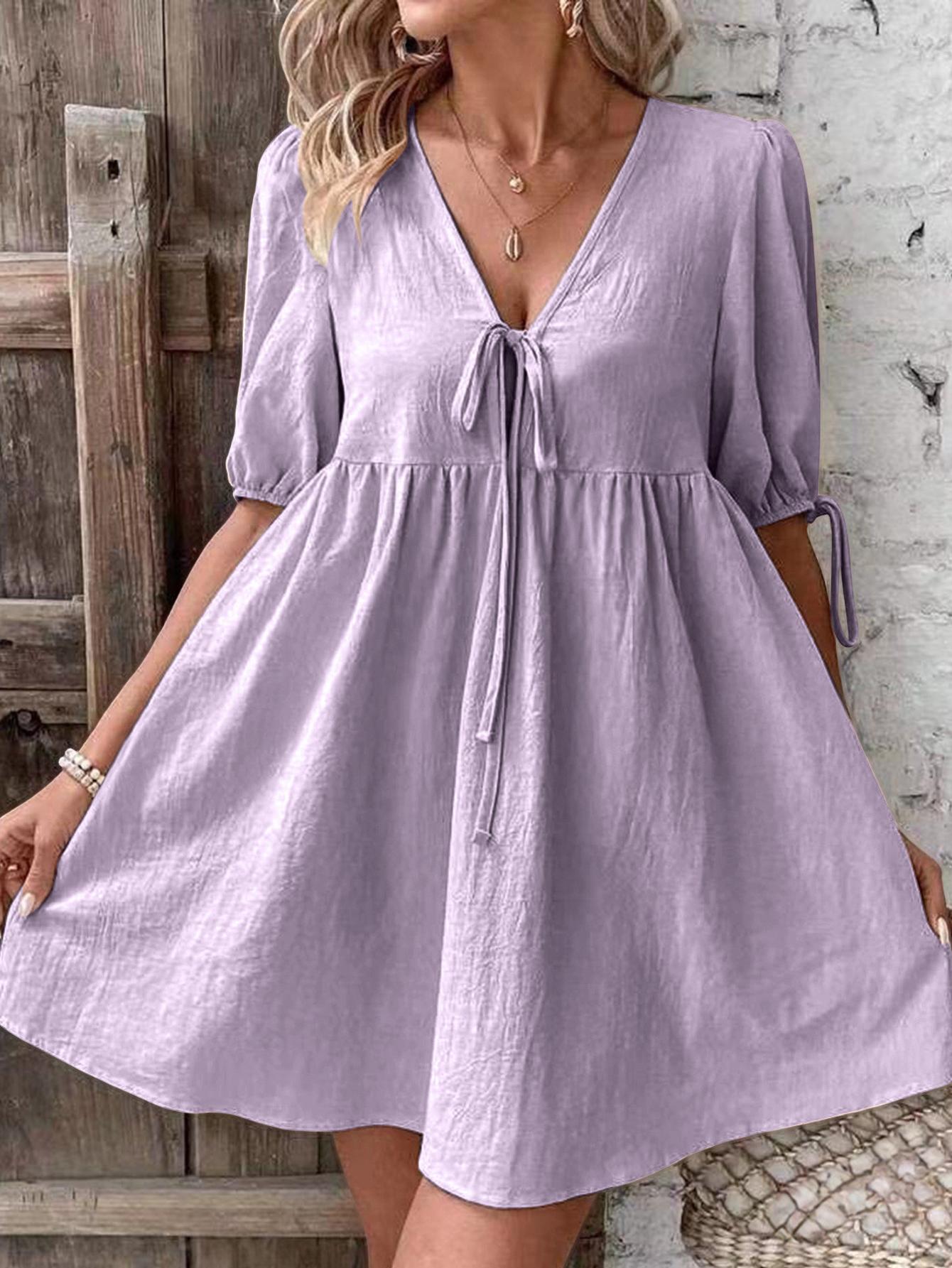 Women'* Color V-Neck Puff Sleeve Mini Dress, Tie Waist Flowy A-Line Casual  Dress