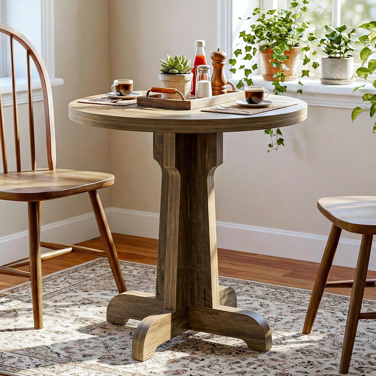 60 Cm Round Dining Table, Bistro Table With Cross Base And Thick Table Top, Vintage Catering Table For Cafe, Restaurant, Bakery, Kitchen, Home, Brown