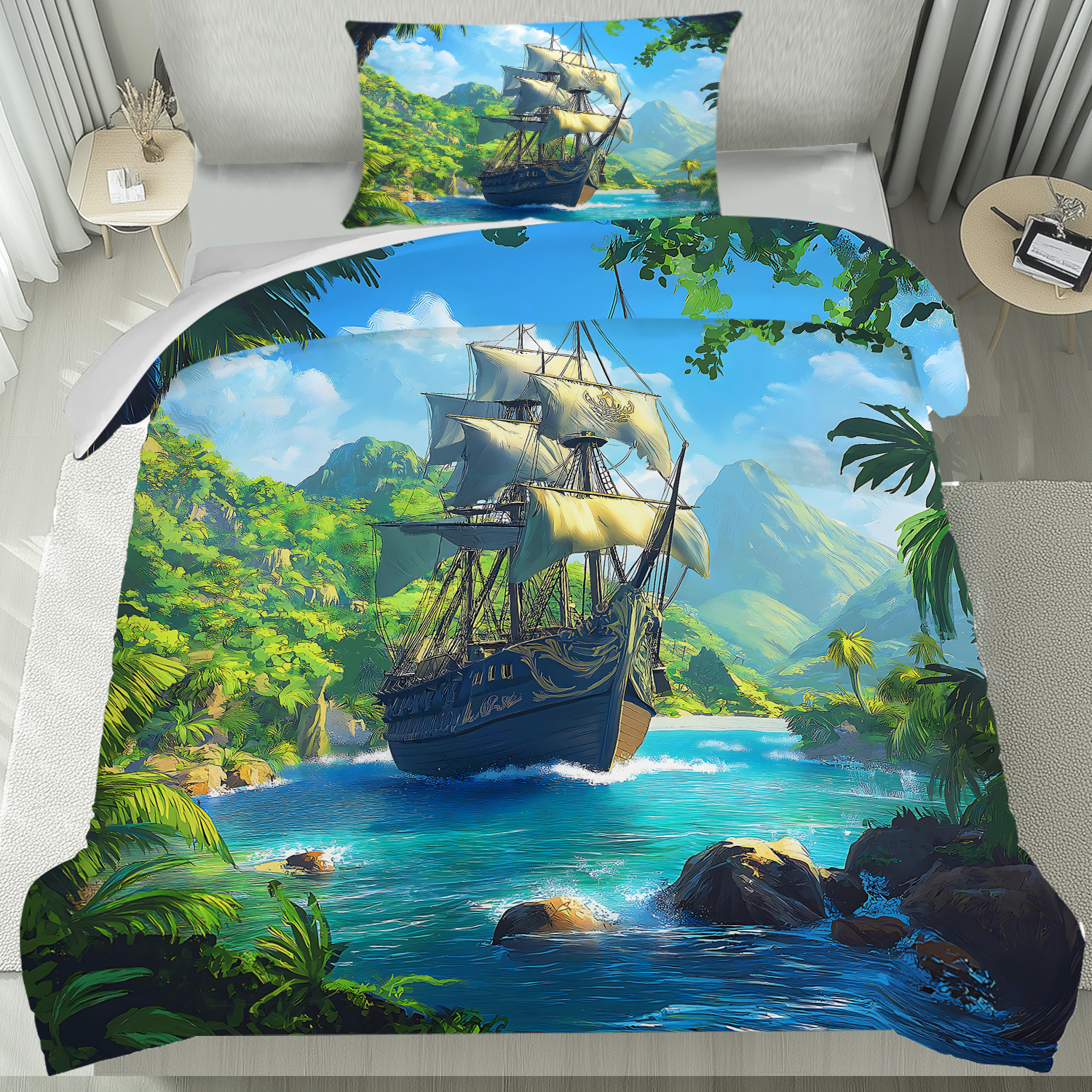 TEMU Set Of 2/3pcs Featuring A Pirate Ship Design On A Tropical , This Bedding With 1 Quilt Cover And 2 Pillowcases, Pillow Inserts Are Not Included.