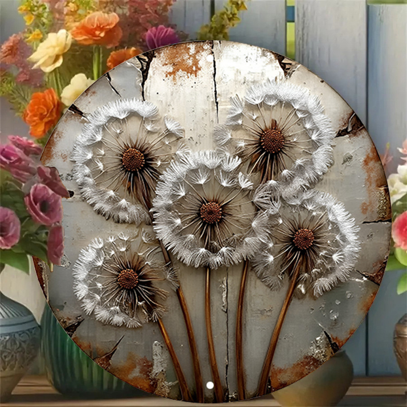 

Vintage Dandelion Metal Wall Art, Inspired Aluminum Trim, Weathered Design, 7.8 Inch Round, Bar, Cafe, With A .