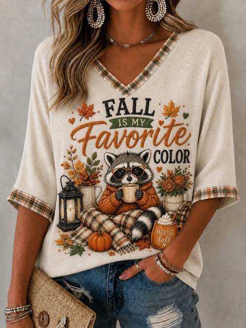 y2k fashion womens trim v neck rolled 3 4 sleeve tops fall is color raccoon pumpkin maple leaf print blouse casual loose autumn halloween harvest shirts for women