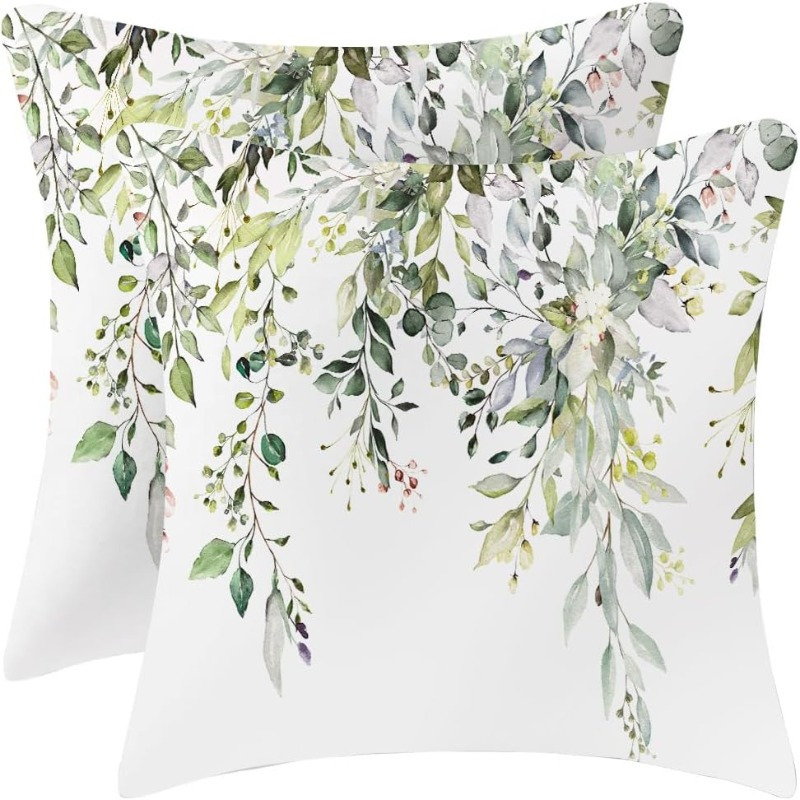 TEMU Juego de 2 fundas de almohada de felpa corta floral de , decoración vintage de , de almohada -verde con hojas, de cojín decorativa de de granja