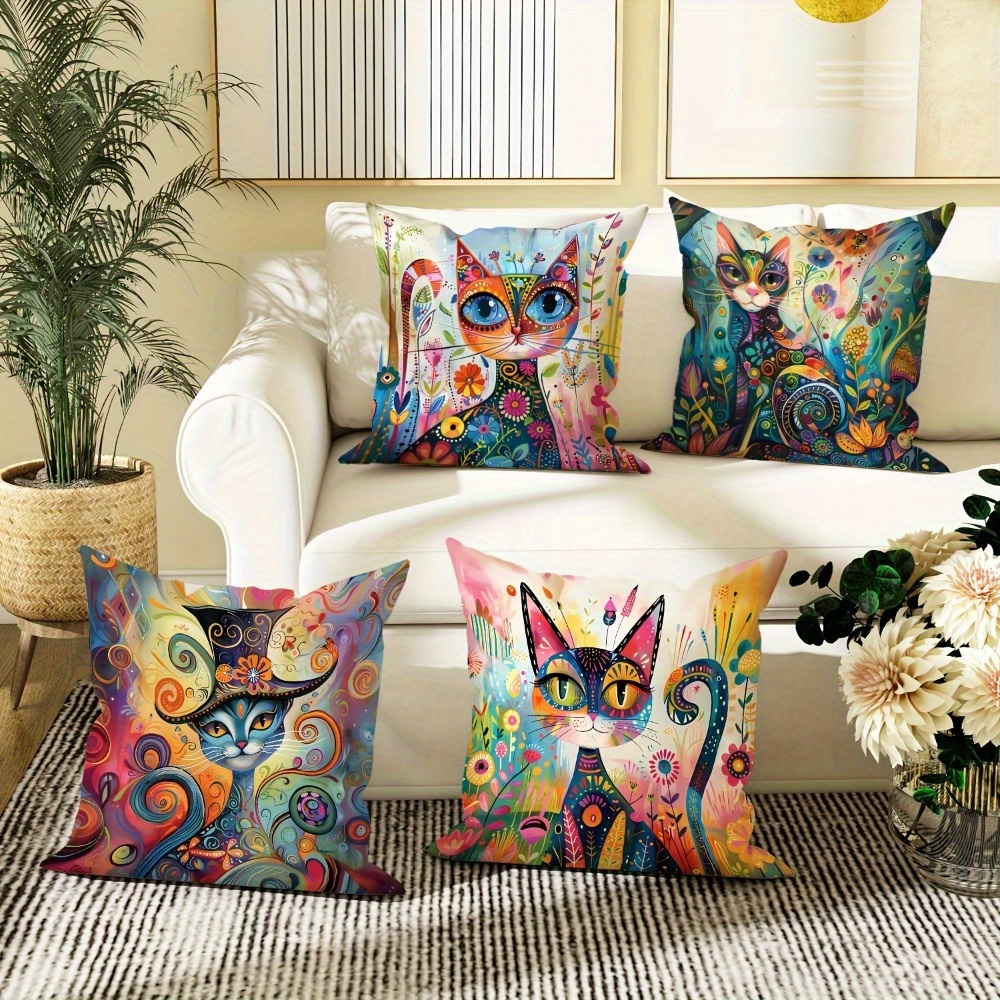 4pcs cat flower abstract art   printed zipper pillowcase double sided polyester printed pattern zipper closed home decoration living room bedroom and sofa home decoration not included in the pillow Product details 0