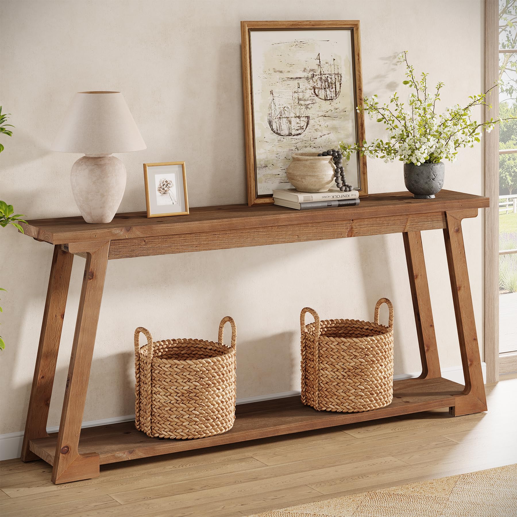 Image of Solid Wood Console Table, 63-inch Long Couch Table Behind Sofa With 2-tier Storage, Narrow Entryway Accent Furniture For Living Room, Hallway, Entrance, Foyer (natural)