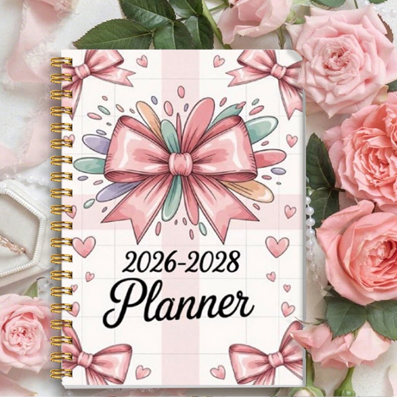 2026 2028 three year planner pink cover with bow and heart pattern   monthly calendar goal   holiday list to do list long format paper planner