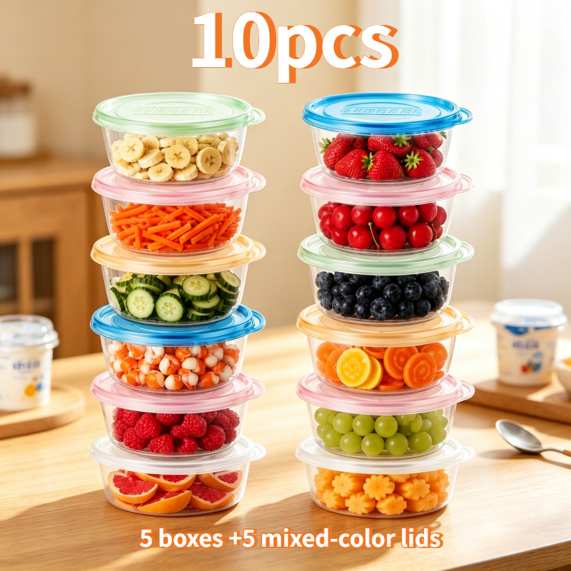 TEMU 10pcs Reusable 25oz/739ml Round Food Storage Containers (5 Boxes And 5pcs Mixed-color Lids), Stackable Containers, Suitable For