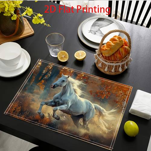 2 4 6pcs placemats 2d flat placemat scene with white horse and forest leaves seasonal kitchen dining room decoration dining room placemats add festive atmosphere 2d flat