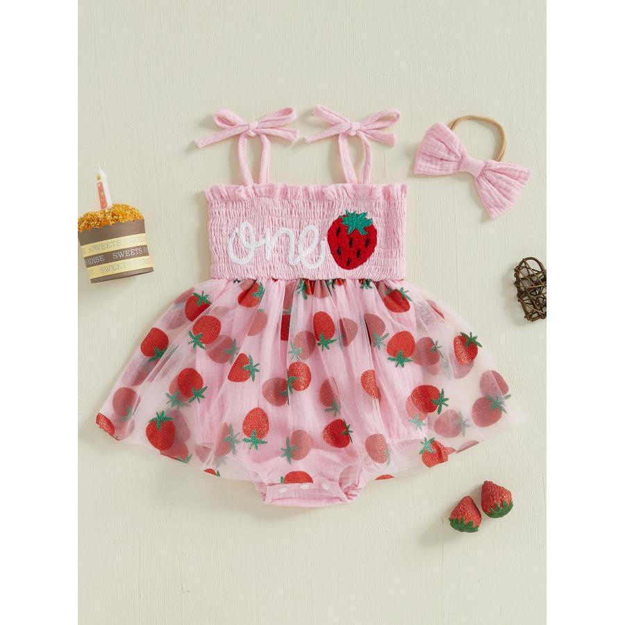 

Baby Girls Summer Romper Dress Sleeveless Letter Strawberry Embroidery Tulle Romper With Headband