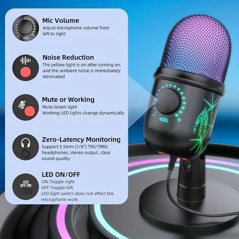 professionelles usb mikrofon für gaming & streaming - studioqualität mit geräuschunterdrückung, kopfhöreranschluss und led-lichtring
