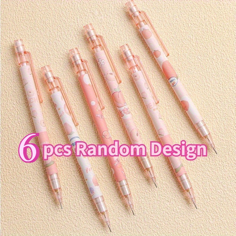 Image of Random 6pcs Sweet Peach Mechanical Pencils, 0.5mm Hb Pencils, Retractable Plastic Pencils, With Cute Cartoon Design, Fruit Theme, Ideal Student Gift, Office Supplies, , Back To , Start Of