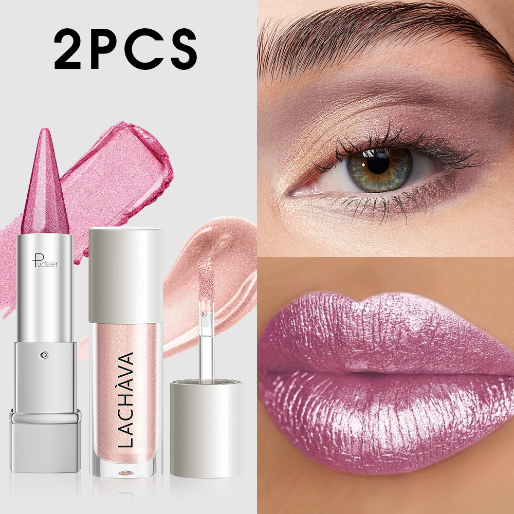 2pcs Christmas Lipstick Eye Shadow Combination - Pearlescent Lipstick&pearlescent Eye Shadow Set, Durable Chocolate Fragrance Formula, Non Greasy , Suitable For All Light Beige