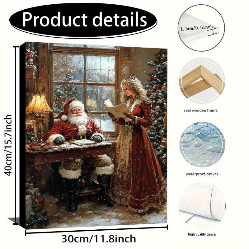 TEMU Santa Claus & Mrs. Santa Canvas Wall Art - Wooden Framed Vintage Christmas Print With Cozy Fireplace Winter Scene, Victorian-inspired Mrs. Santa